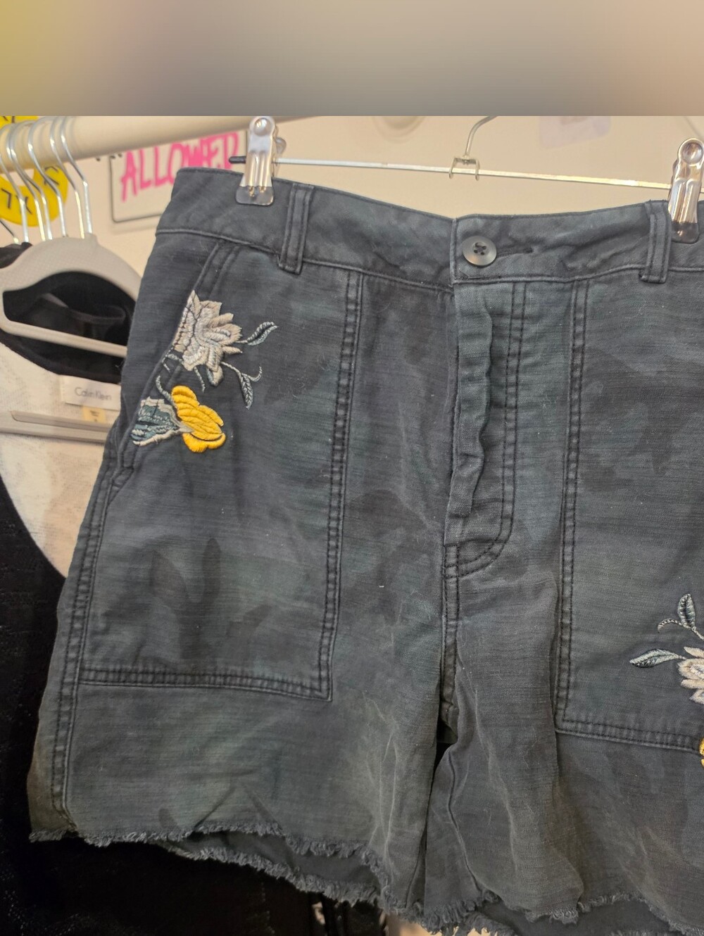 FREE PEOPLE Embroidered Black Denim Shorts with Floral Detail - Picture 2 of 16